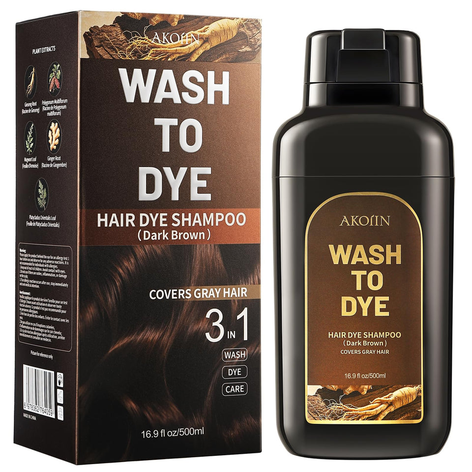 AKOIIN front bottle view showing dark brown shampoo dye and clear usage benefit