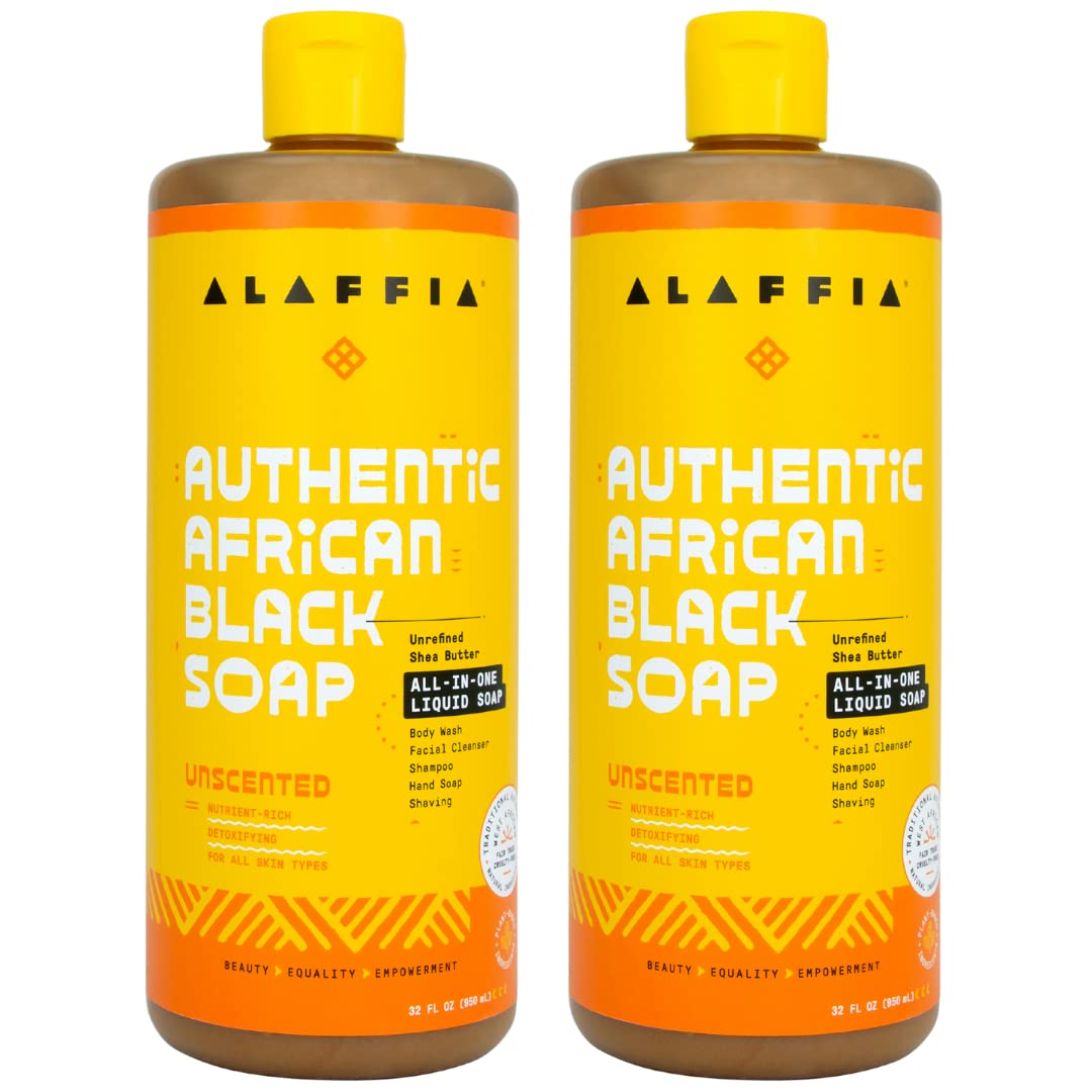 Alaffia front packaging showing unscented black soap and benefits