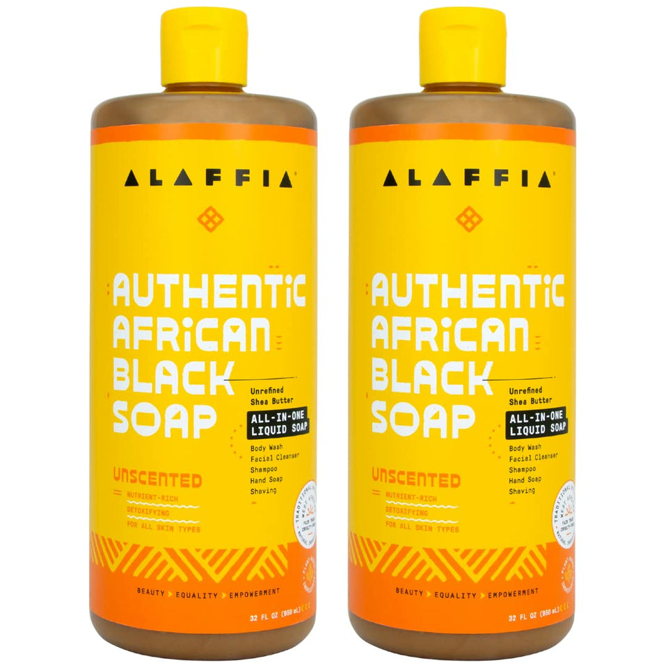 Alaffia front packaging showing unscented black soap and benefits