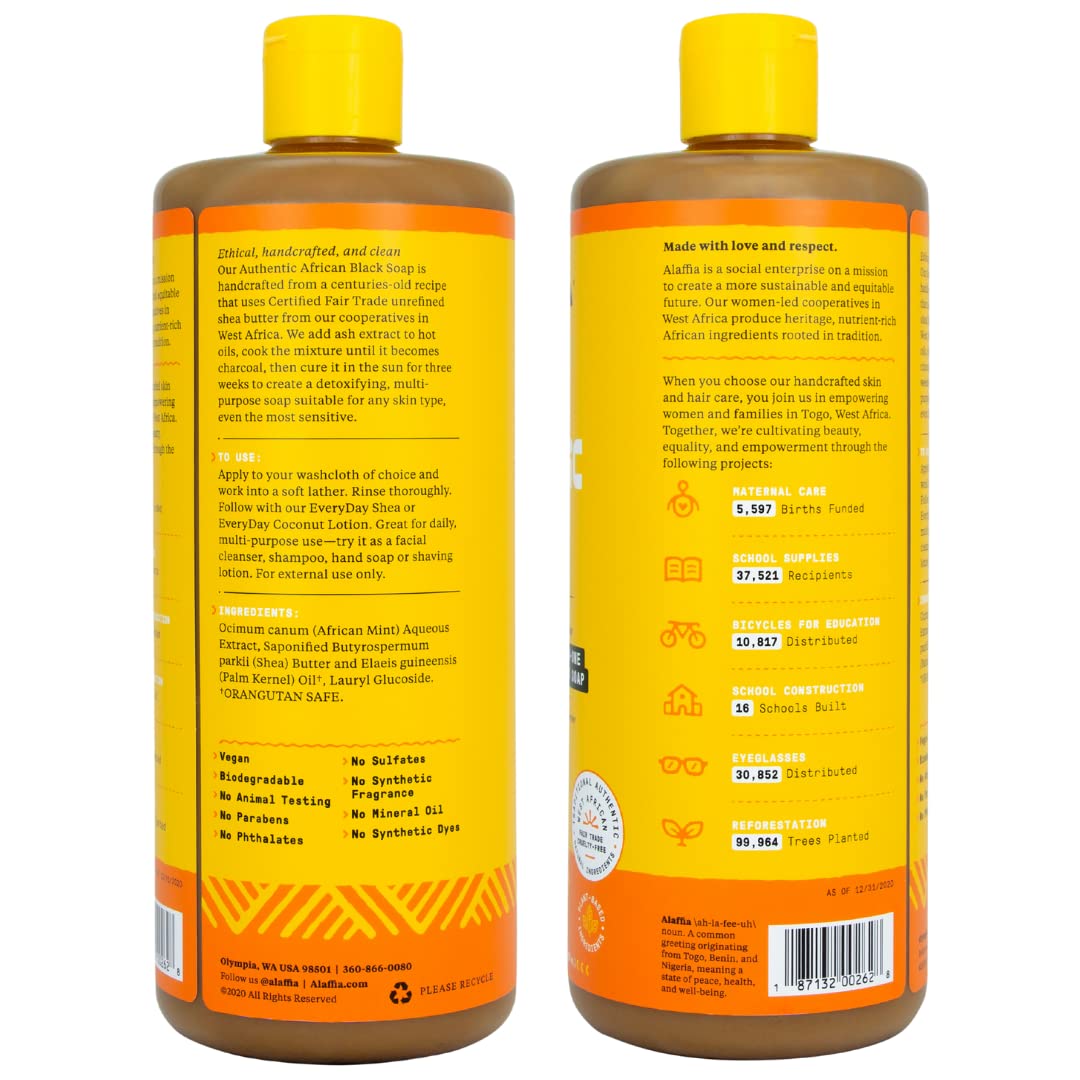 Alaffia label and pump detail highlighting ingredients and clarity