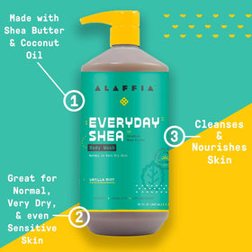 Alaffia body wash pouring into hand to demonstrate gentle lathering and soft cleanse