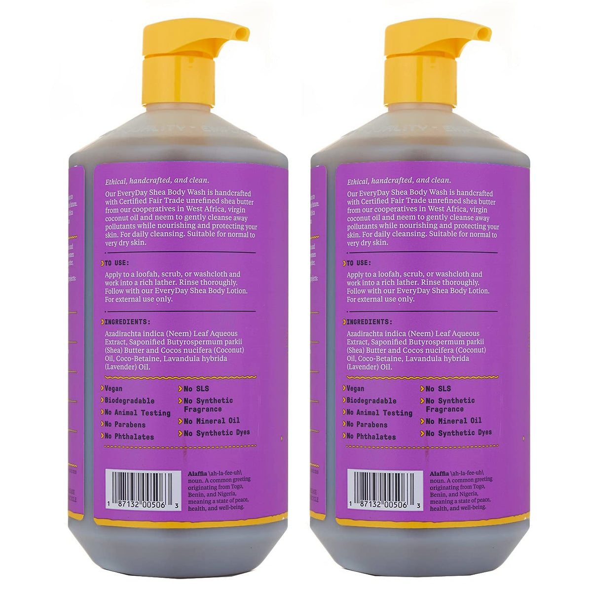 Alaffia label close-up displaying fair trade seal and ethical-sourcing benefit