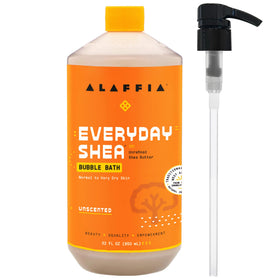 Alaffia bottle front label showing unscented bubble bath benefits