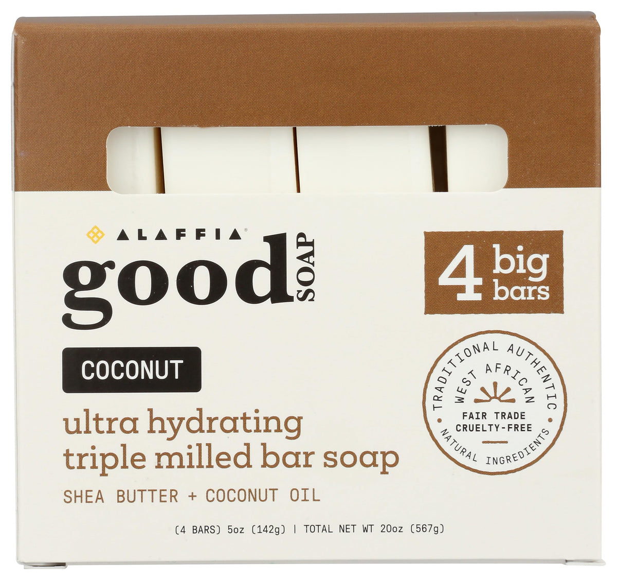Alaffia front packaging showing four 20 oz bars and sustainable messaging