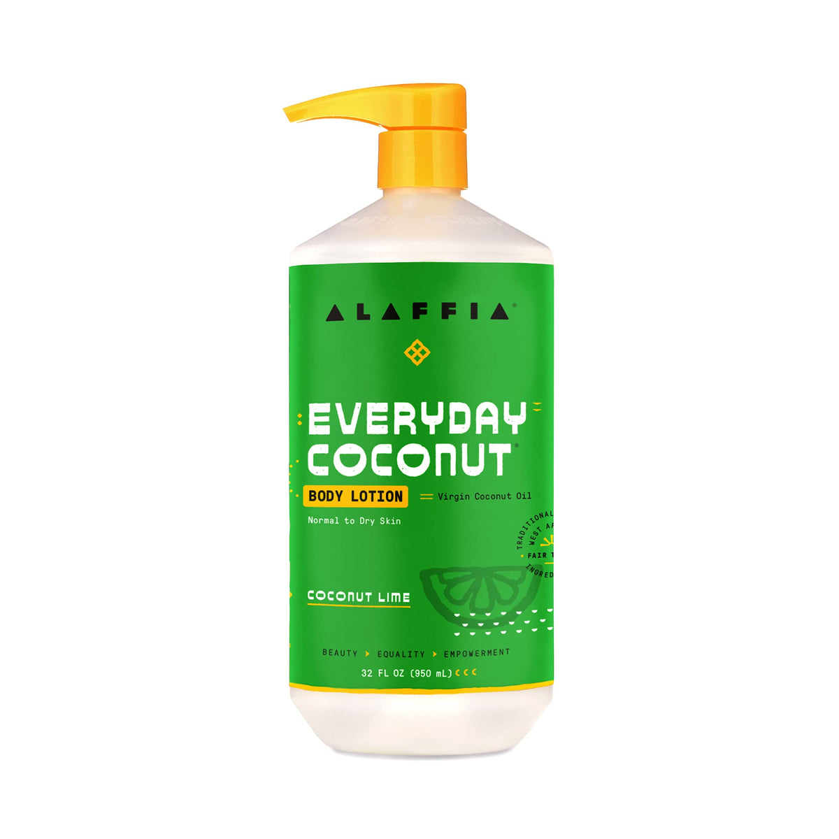 Alaffia front packaging of 32 oz coconut lime lotion showing bottle and label benefits