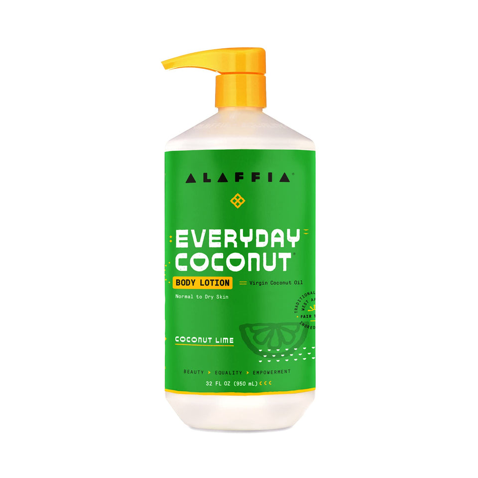 Alaffia front packaging of 32 oz coconut lime lotion showing bottle and label benefits