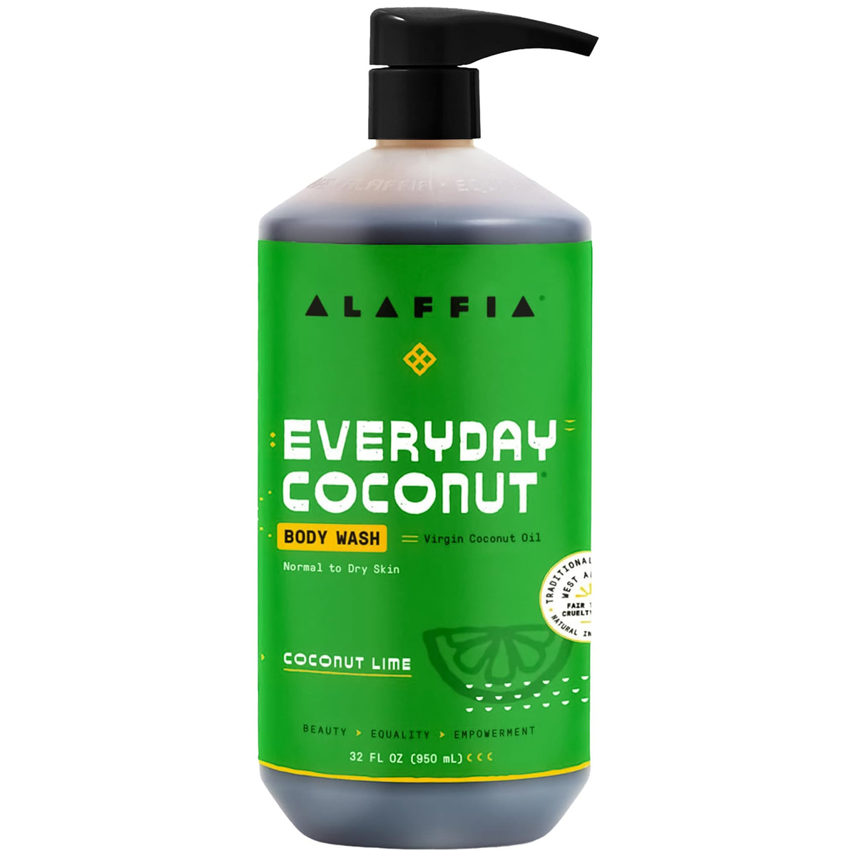 Alaffia bottle front view showing label and 32 oz size for value
