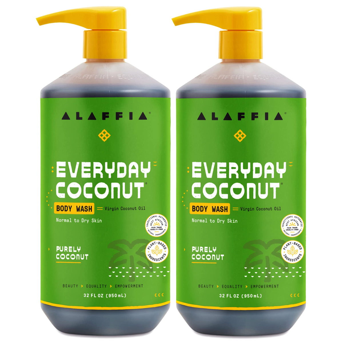 Alaffia front packaging showing two 32 oz bottles and benefits