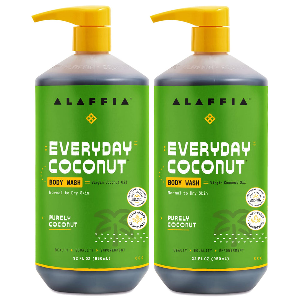 Alaffia front packaging showing two 32 oz bottles and benefits