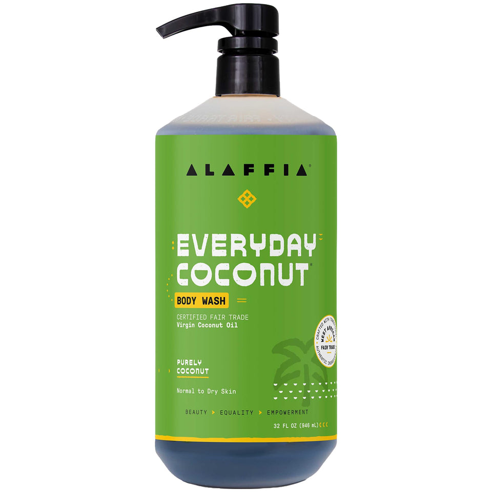 Alaffia front packaging showing 32 oz pump and product name for clear identification