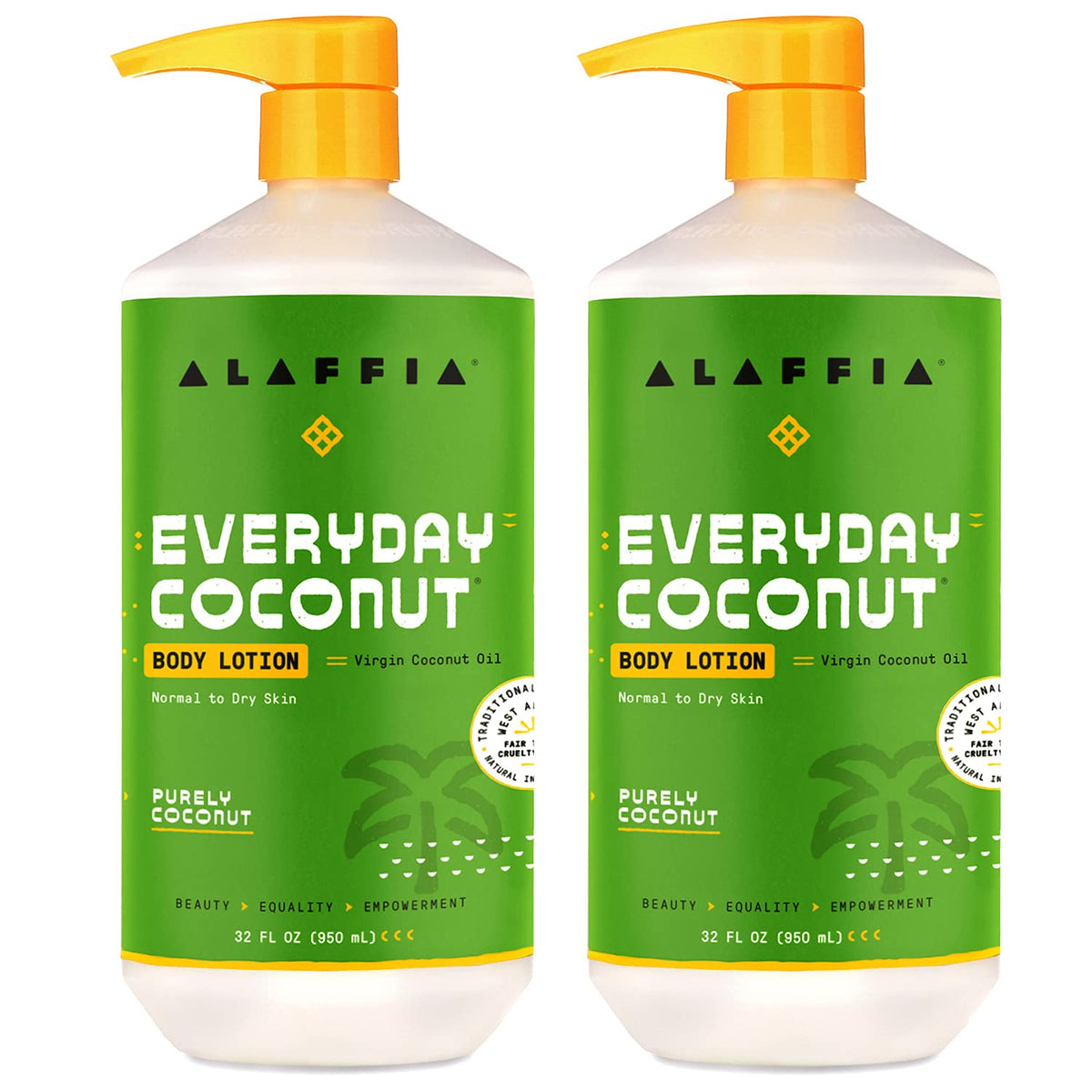 Alaffia front packaging showing two 32 fl oz bottles and brand benefits