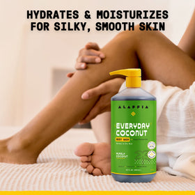 Alaffia bottle in shower setting conveying daily use convenience