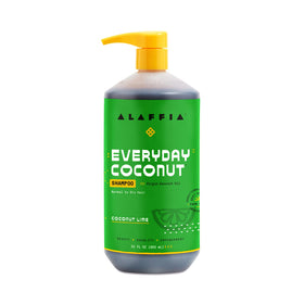 Alaffia front bottle view showing label and coconut lime scent benefits