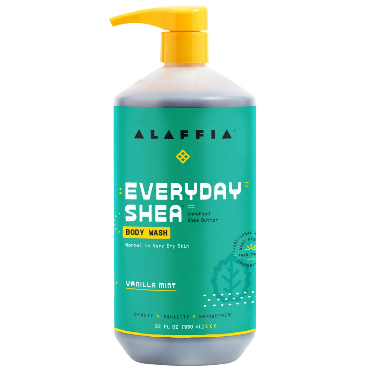 Alaffia front label on 32 fl oz bottle showing product name and benefits
