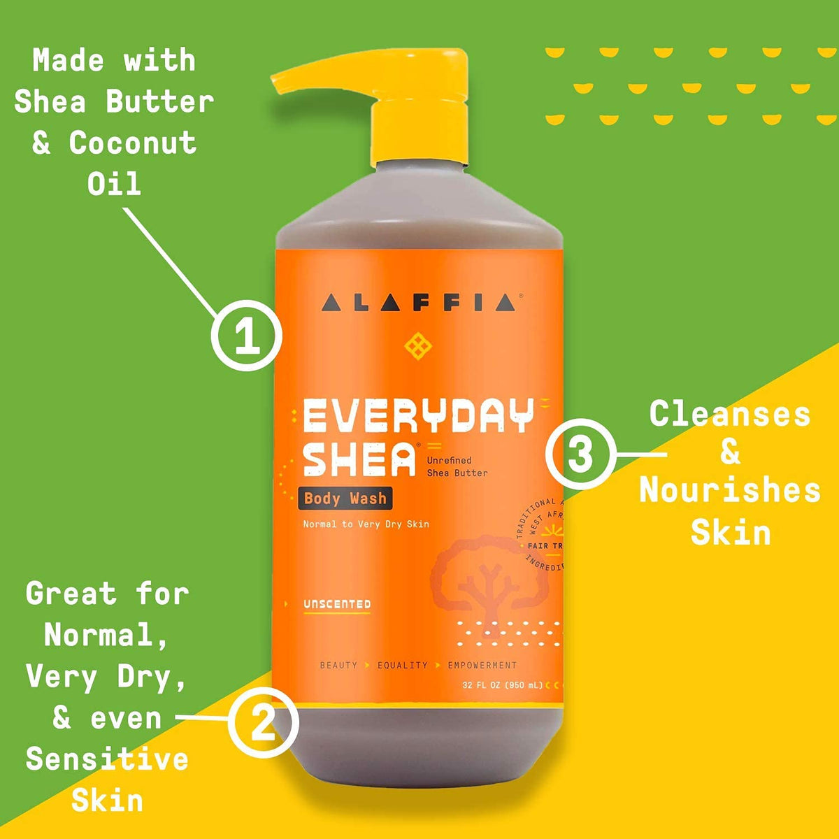 Alaffia bottle beside a ruler showing 32 oz scale and value