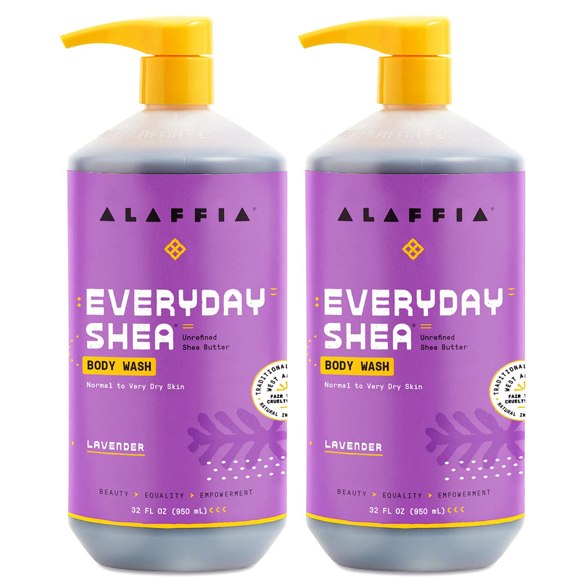 Alaffia front packaging showing two 32 oz bottles and calming lavender benefit