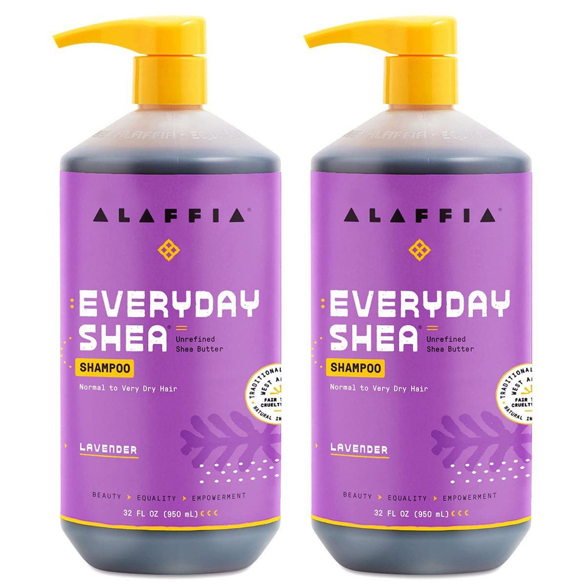 Alaffia front packaging showing two shampoo bottles, clear brand visibility and value