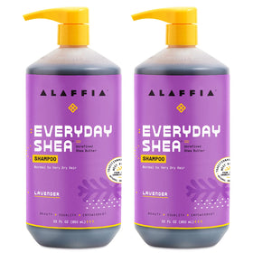 Alaffia front packaging showing two shampoo bottles, clear brand visibility and value