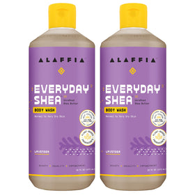 Alaffia front packaging showing two lavender body wash bottles and benefits