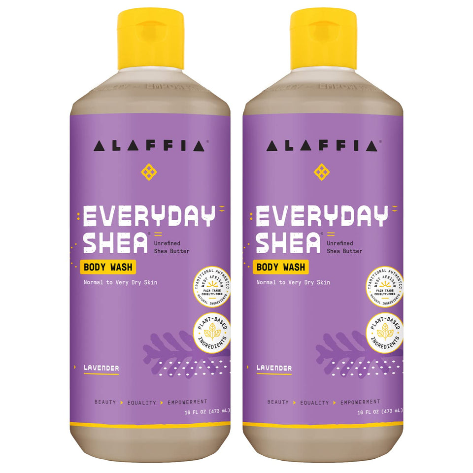 Alaffia front packaging showing two lavender body wash bottles and benefits