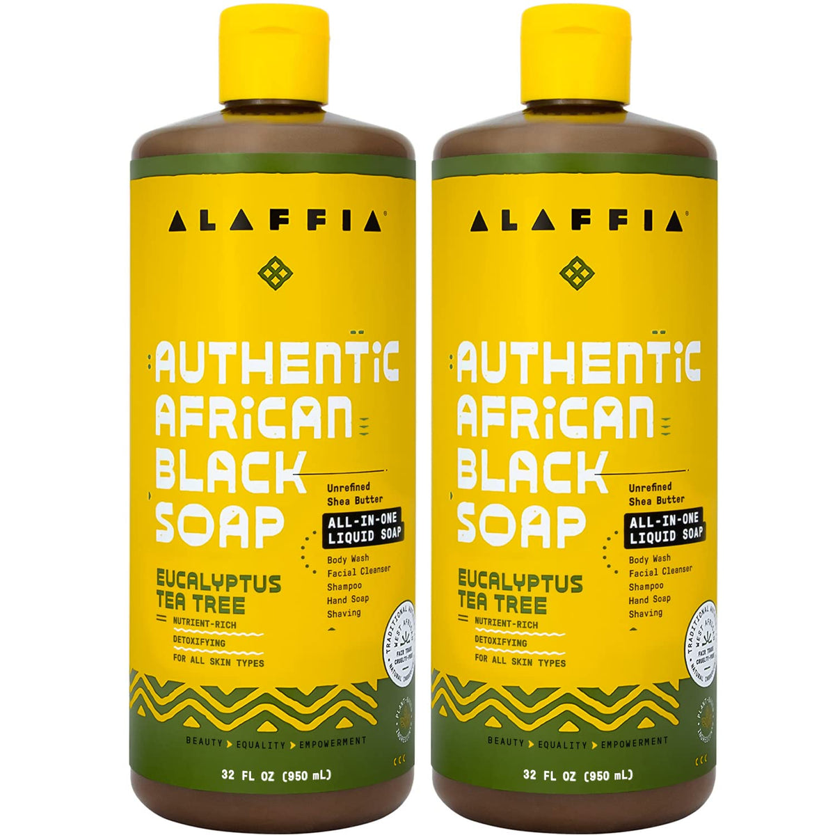 Alaffia front packaging showing two 32 oz bottles, convenient multipurpose cleanser