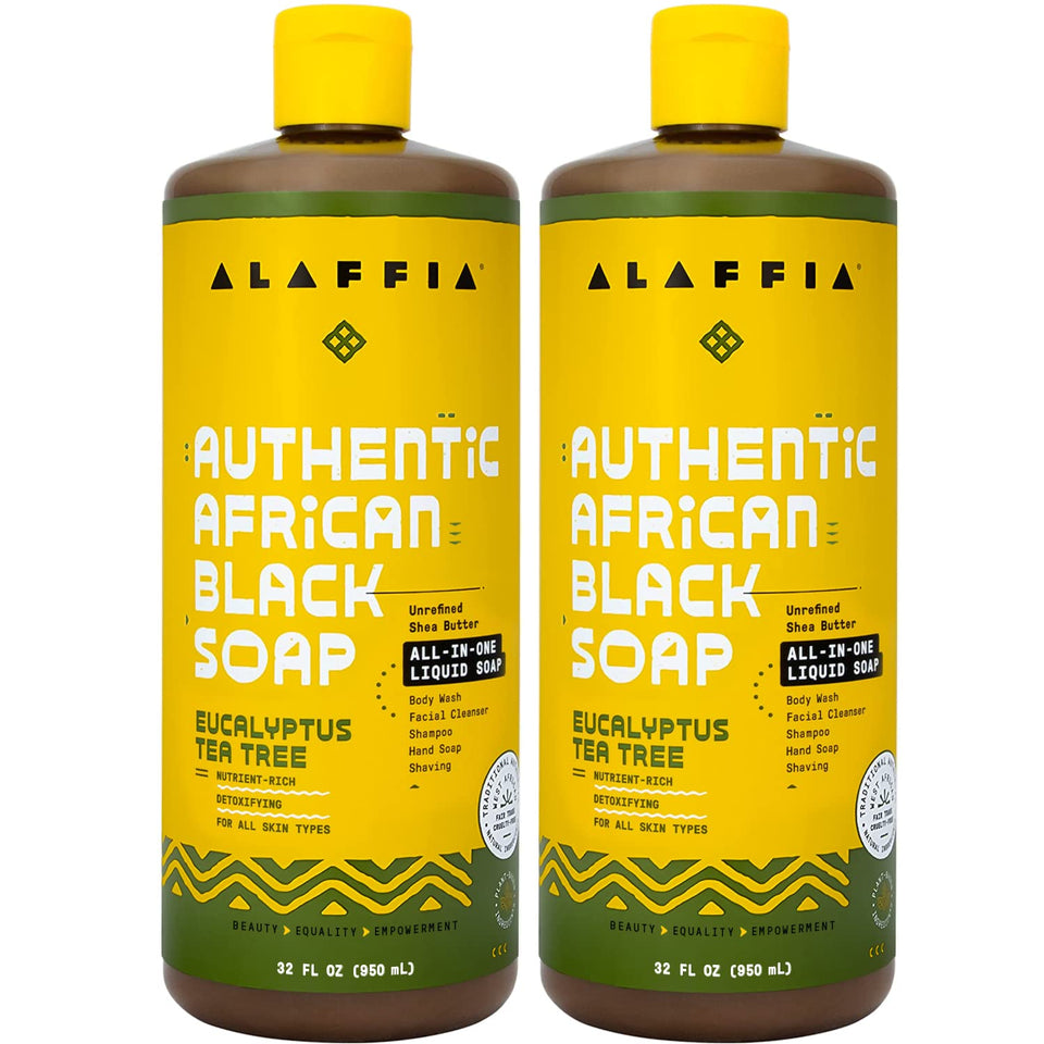 Alaffia front packaging showing two 32 oz bottles, convenient multipurpose cleanser