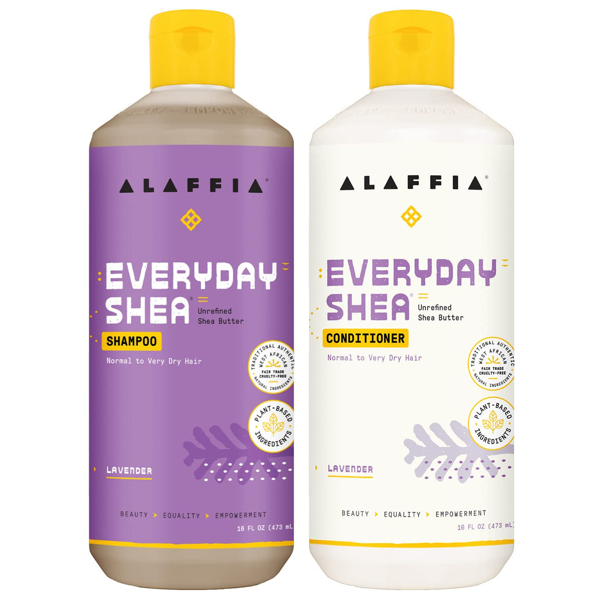 Alaffia front packaging showing shampoo and conditioner set and ingredient highlights