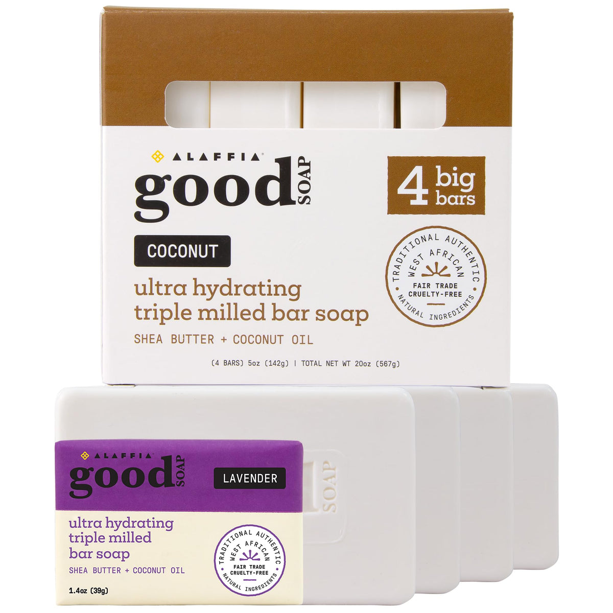 Alaffia front packaging showing four coconut-scented bars and benefits