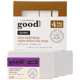 Alaffia front packaging showing four coconut-scented bars and benefits