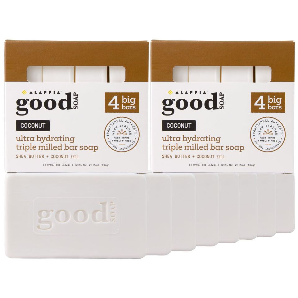 Alaffia front packaging showing two-pack of coconut soap, long-lasting supply benefit