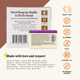 Alaffia close-up of single coconut soap bar, dense triple-milled texture for durability
