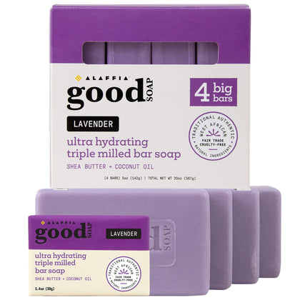 Alaffia Good Soap Lavender front packaging showing four large bars and travel bar, promotes value