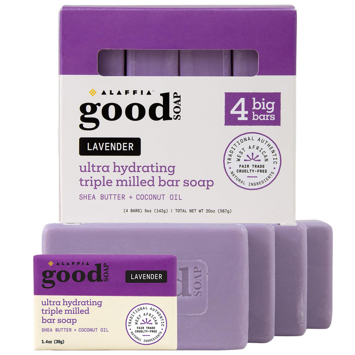 Alaffia Good Soap Lavender front packaging showing four large bars and travel bar, promotes value