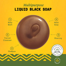 Alaffia bottle in shower with lather on palm, effective full-body cleansing