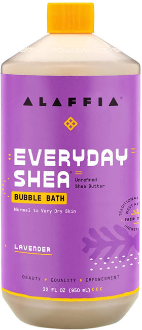 Alaffia lavender bubble bath in bathroom setting for relaxing soak