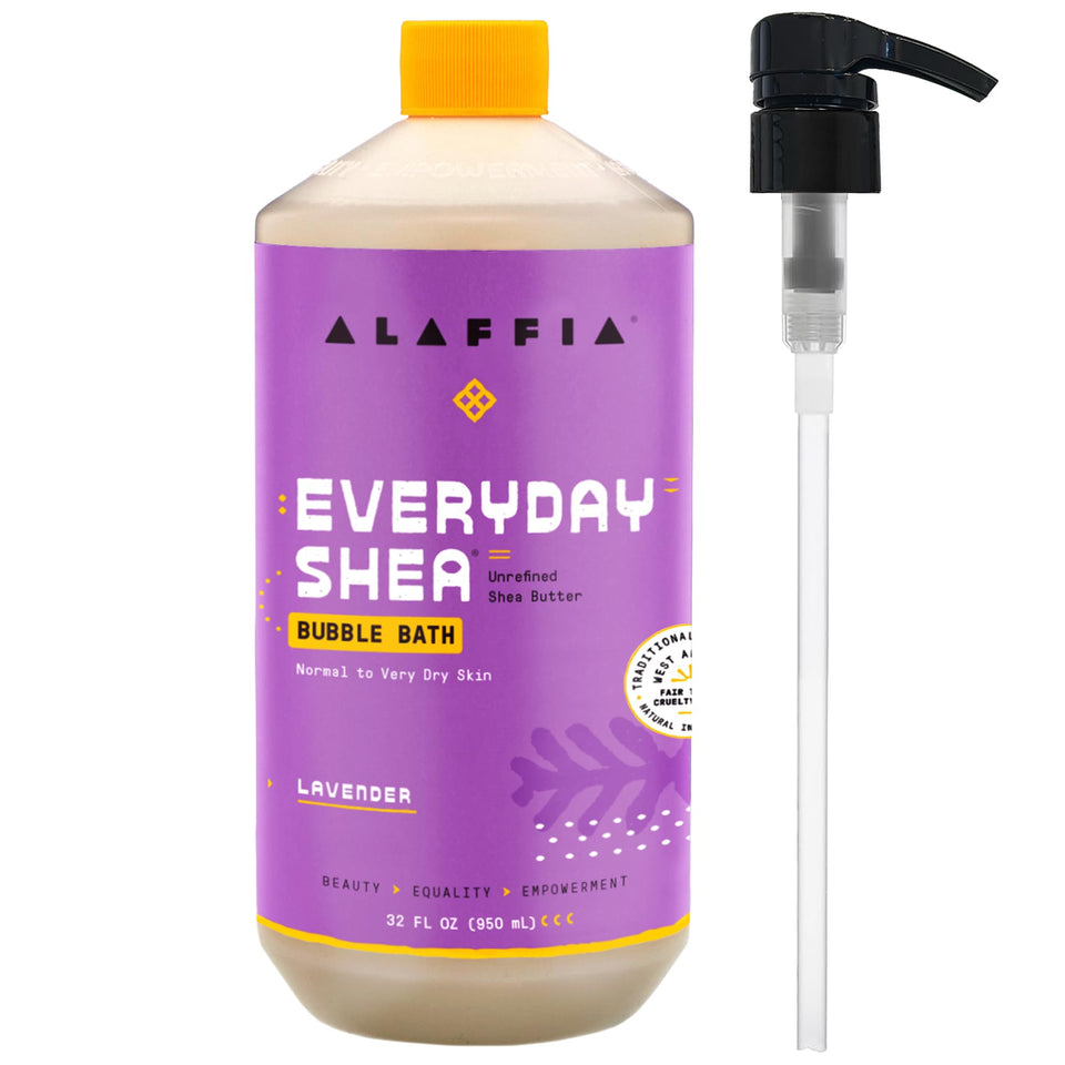 Alaffia bottle front view showing label and lavender scent benefits
