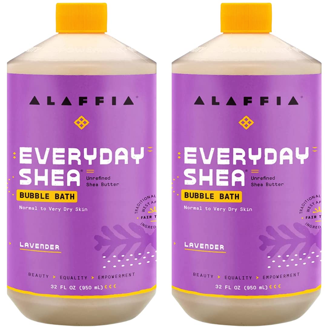 Alaffia front packaging showing two lavender bubble bath bottles, clear product benefit