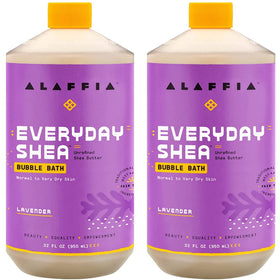Alaffia front packaging showing two lavender bubble bath bottles, clear product benefit