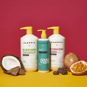 Alaffia bottle in bathroom setting showing daily use and natural scent
