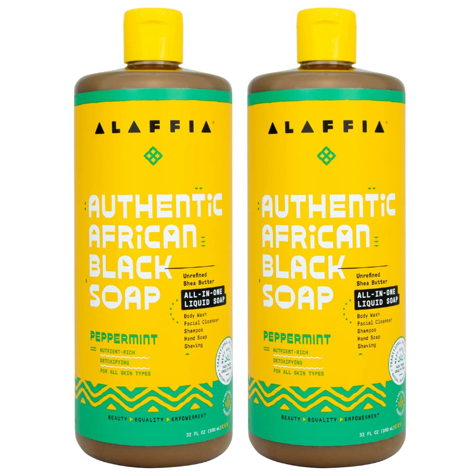 Alaffia peppermint front packaging showing 32 oz bottle and benefits