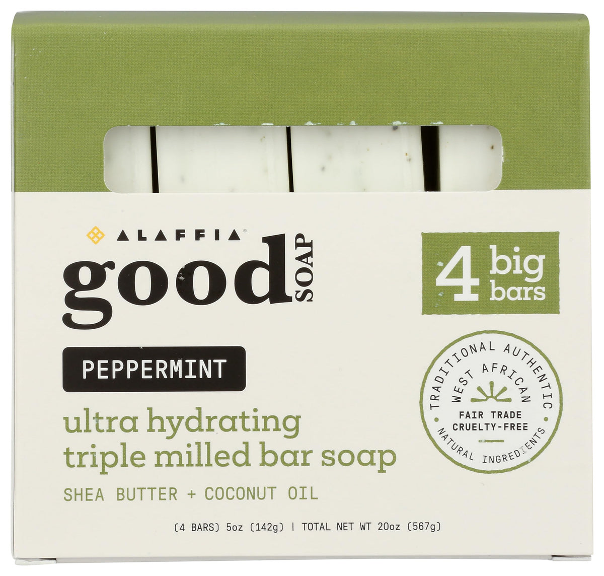 Alaffia front packaging view showing four peppermint soap bars and value savings