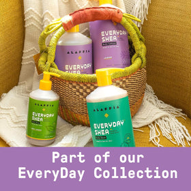 Alaffia shampoo in bathroom lifestyle scene promoting calming shower ritual