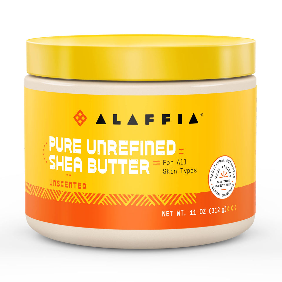 Alaffia front packaging showing unscented 11 oz jar and fair-trade badge
