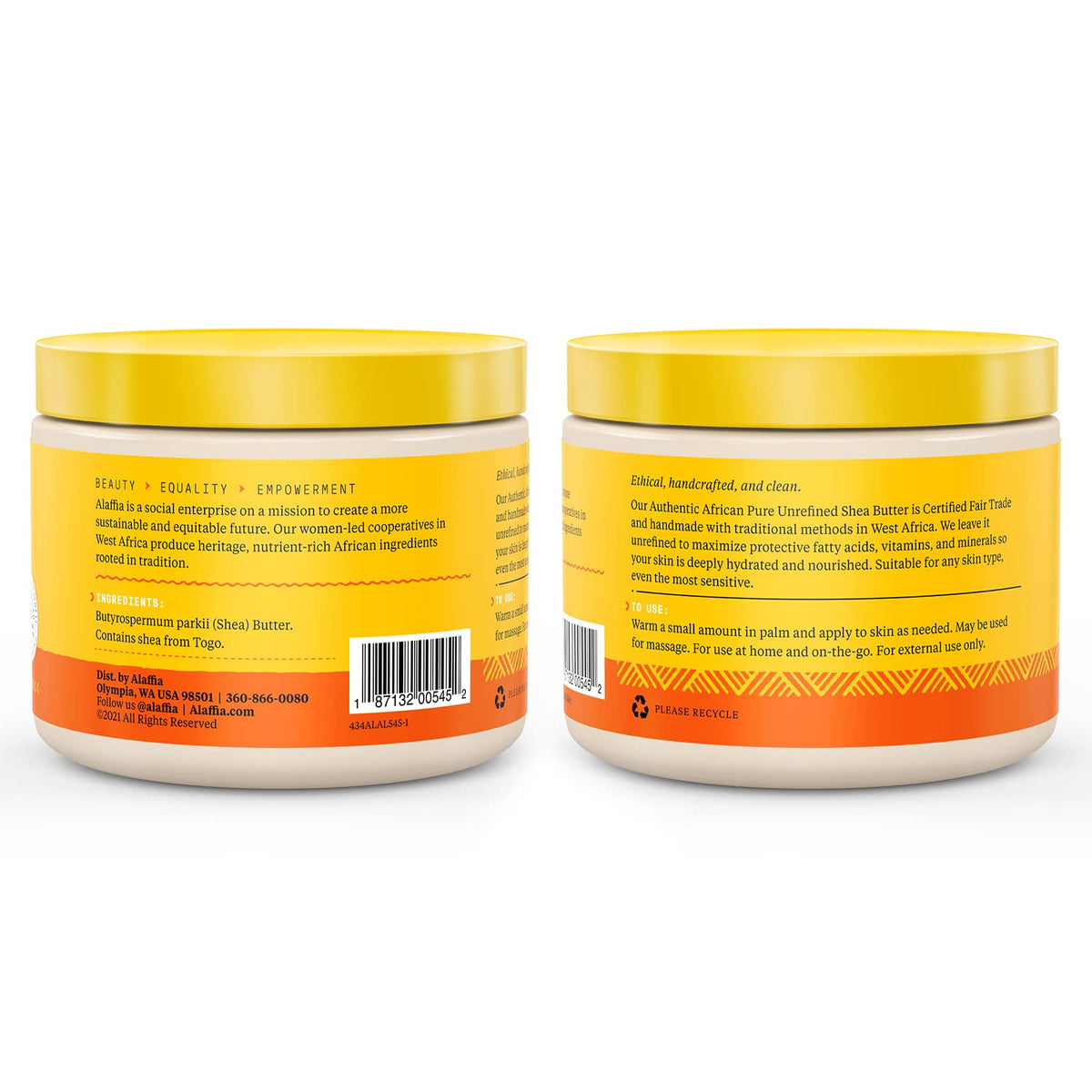 Alaffia open jar displaying creamy unrefined shea butter texture and nourishment