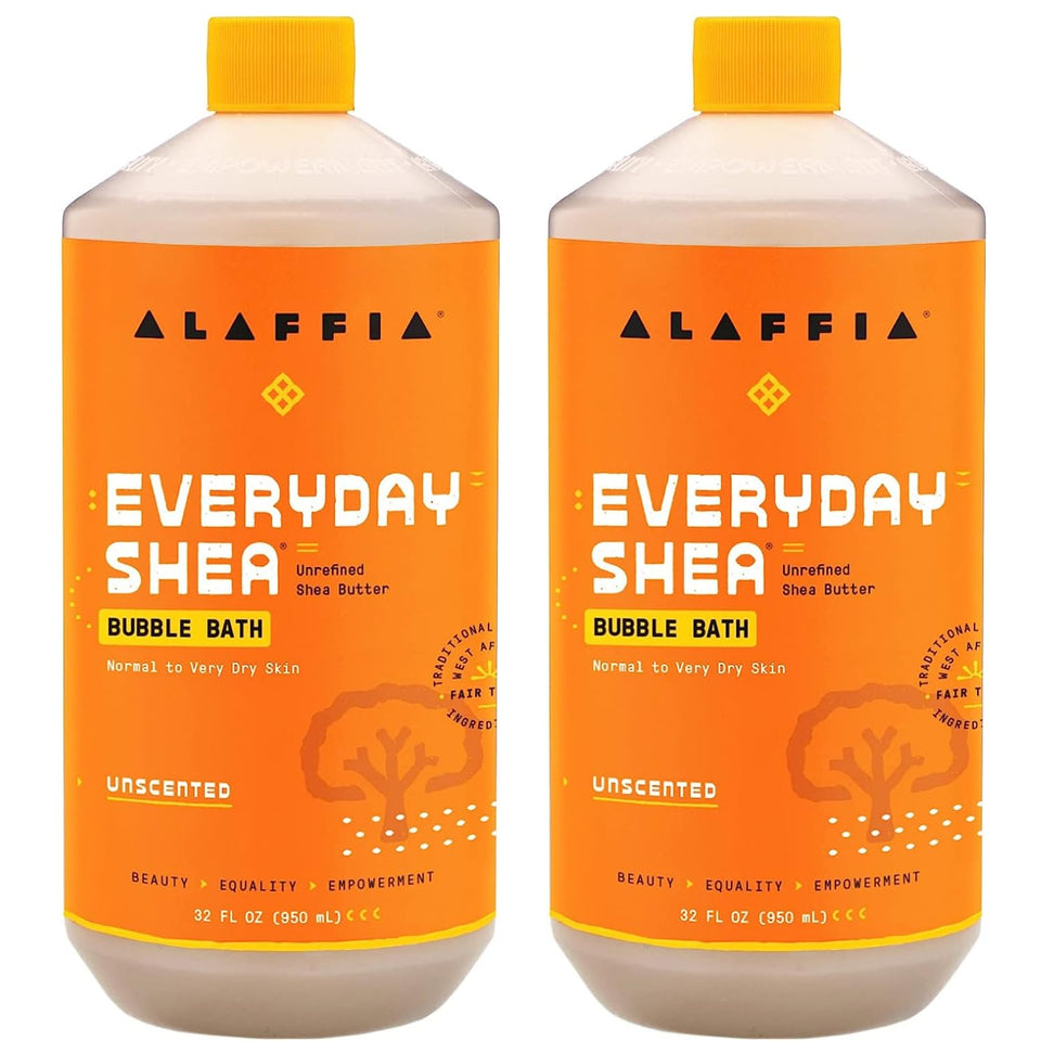 Alaffia front packaging showing unscented bubble bath benefits