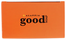 Stacked Alaffia bars with hand for scale showing compact 5-ounce size and value