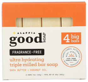 Alaffia front packaging showing four unscented shea bars for value and convenience