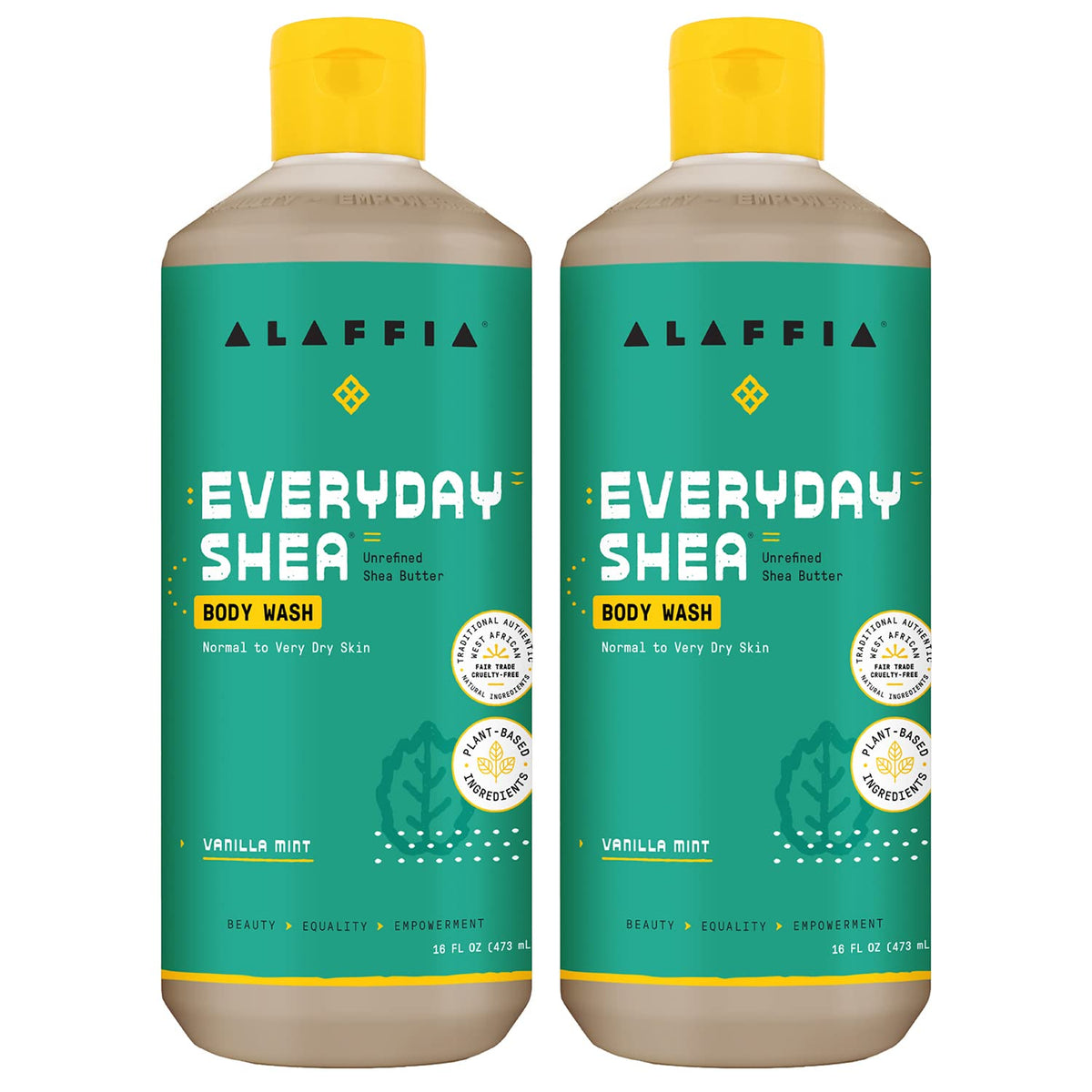Alaffia front packaging showing two bottles and clear product branding and benefit