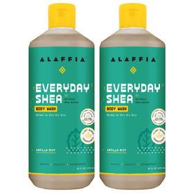 Alaffia front packaging showing two bottles and clear product branding and benefit