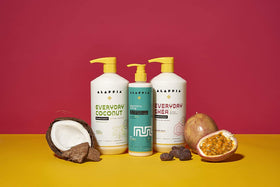 Alaffia bottles beside common items showing 32 oz size and long-lasting supply benefit